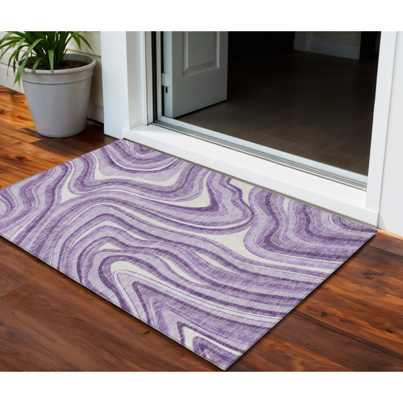 3' X 5' Lavender Purple And Ivory Abstract Washable Indoor Outdoor Area Rug