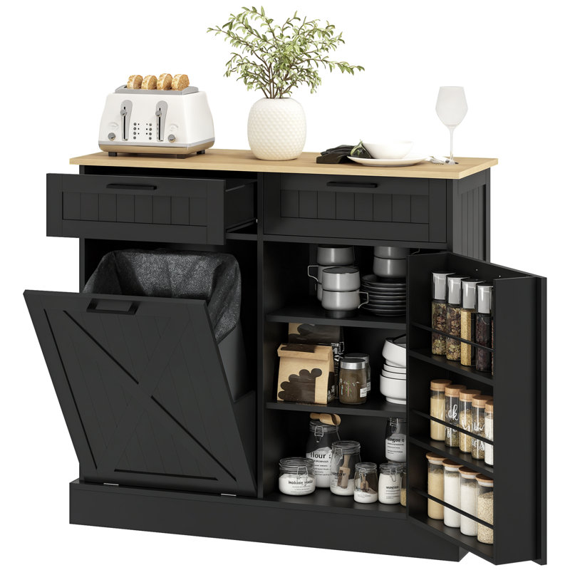 Tilt Out Trash Cabinet, Kitchen Island with 2 Drawers,wood, Black