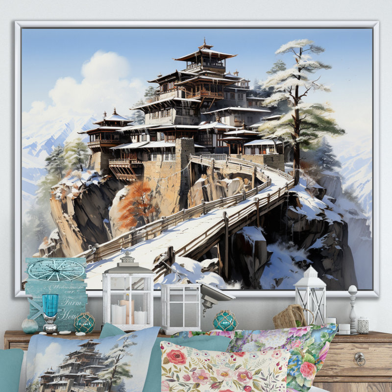 Art asiatique, monastère tibétain VII - reproduction, H 16 po x l 32 po x P 1 po, Cadre flottant blanc