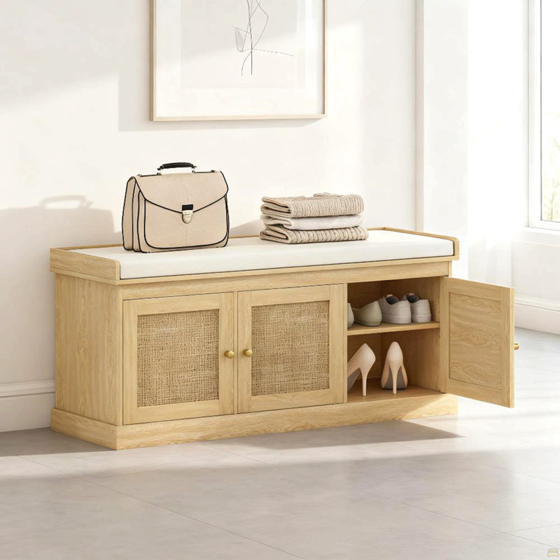 Banc de rangement pour chaussures avec portes en rotin tissé, banc pour chaussures, H 18,5 po x L 41,3 po x P 13,8 po, Brun