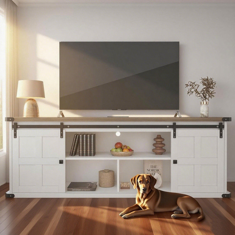 70" Farmhouse TV Stand for 80/75/70 Inch TVs,Entertainment Center Storage Cabinets with Power Outlets and Sliding Barn Door