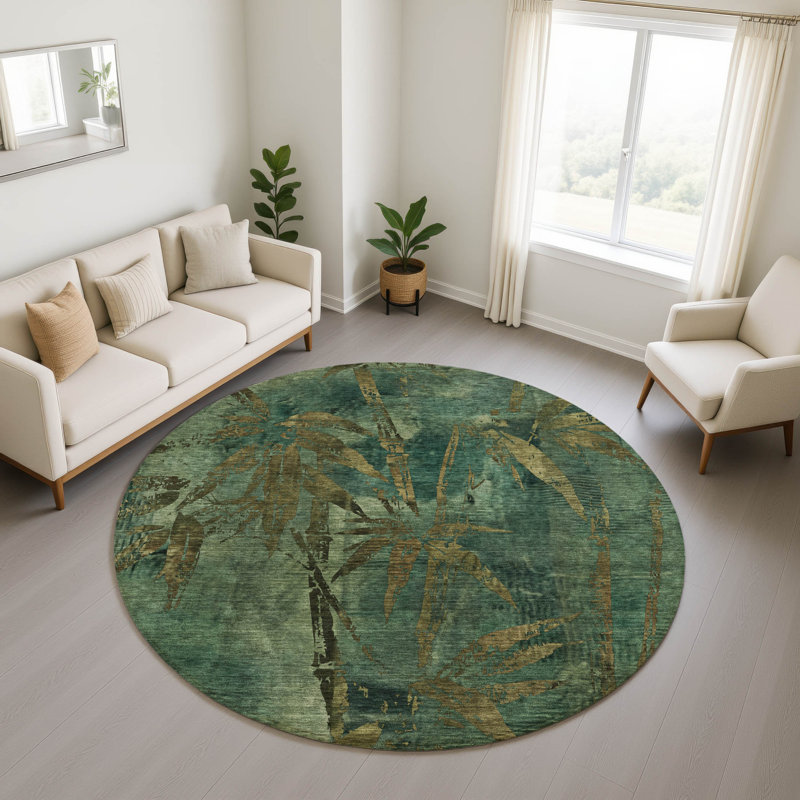 Premium Machine Washable Mayfield AMF2222 Botanical Rug, Green, 8' Round