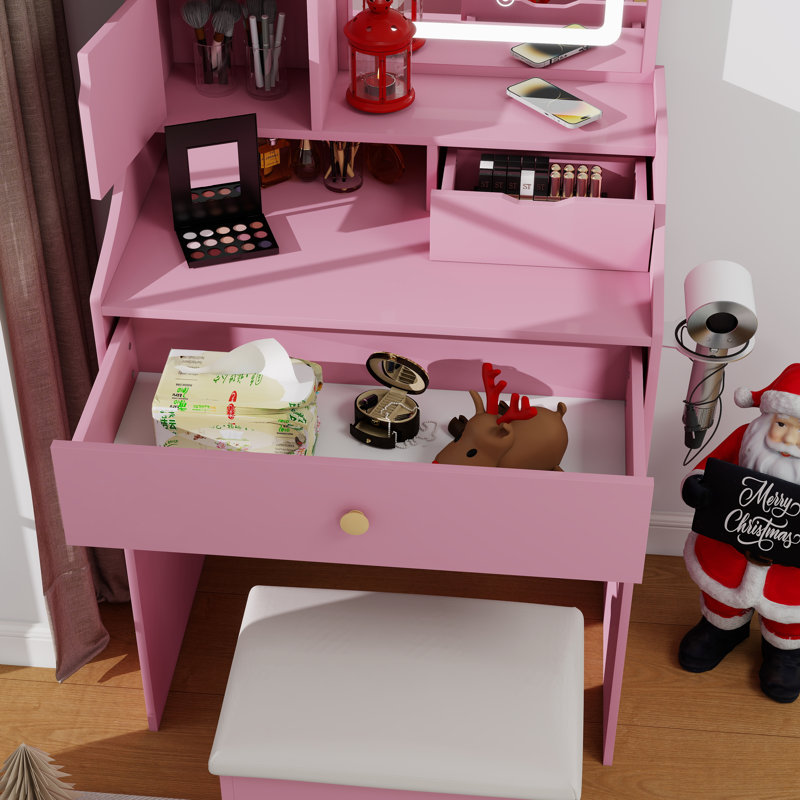 Ensemble de coiffeuse avec miroir lumineux à DEL, bureau de maquillage avec tiroirs, prises de courant, tabouret de rangement, tablettes de rangement et support pour sèche-cheveux