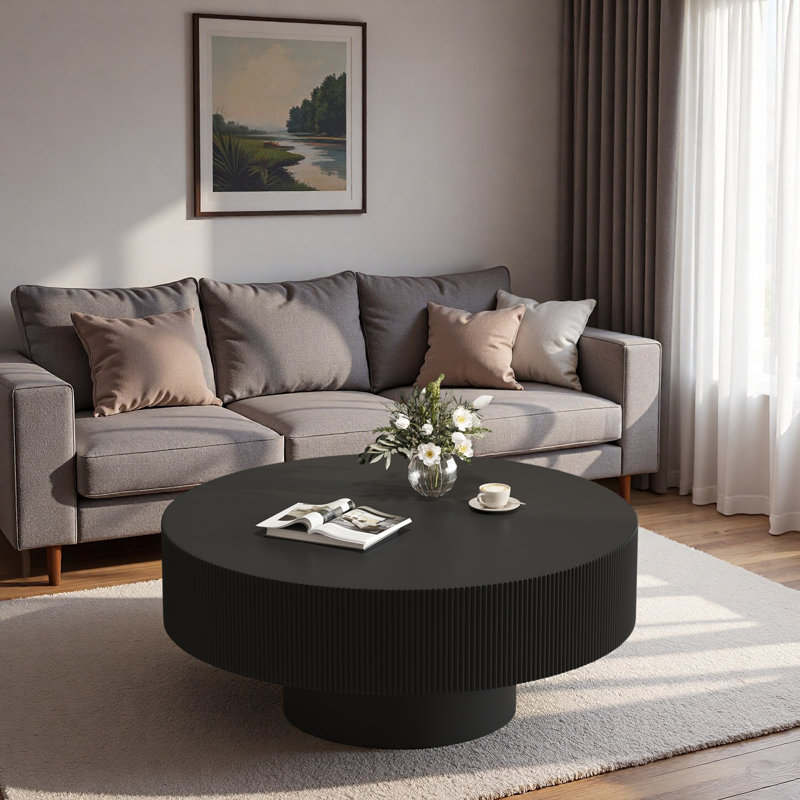 Table basse ronde moderne avec rainures, plateau de table épais et base robuste, Noir