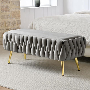 Light Gray Velvet Storage Ottoman Bench, Upholstered Entryway Shoe Bench with Gold Metal Legs, End of Bed Bench for Bedroom, Living Room, Hallway, Mudroom, 47.24 × 15.75 × 16.93 in
