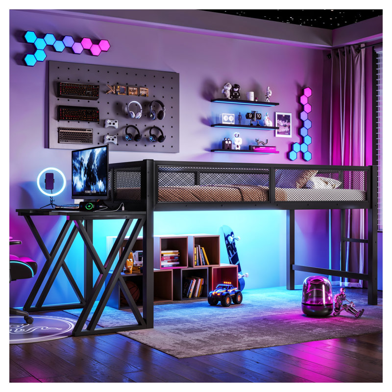 Lit mezzanine simple TG avec bureau, pieds en forme de X et éclairage à DEL intégré