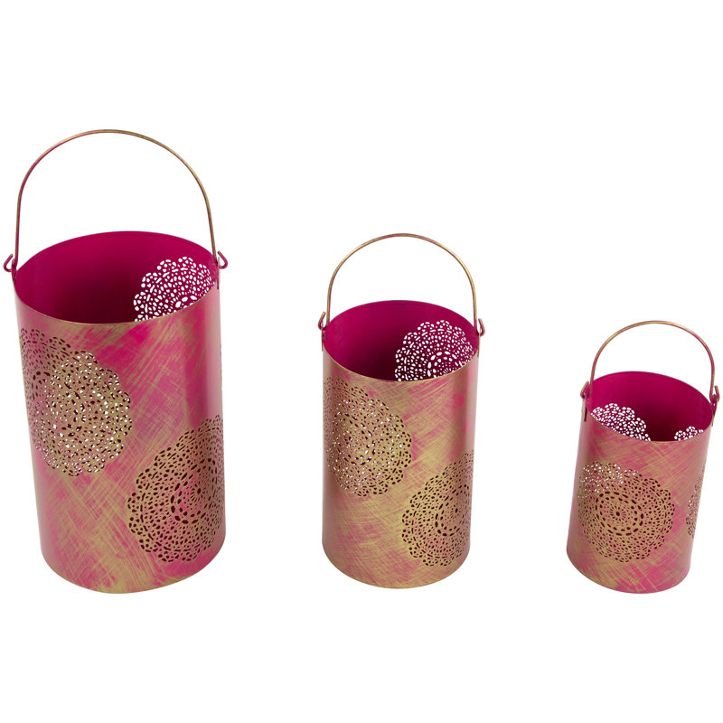 Decorative Floral Cut-Out Pillar Candle Lanterns 10", Fuchsia Pink/Gold