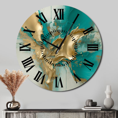 Horloge murale dorée et turquoise Fuild Ink II - marbre abstrait noir