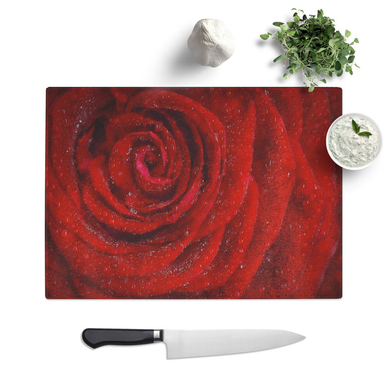 Tempered Glass Dewdrops upon a Red Rose Chopping Board, 20 cm x 28.5 cm
