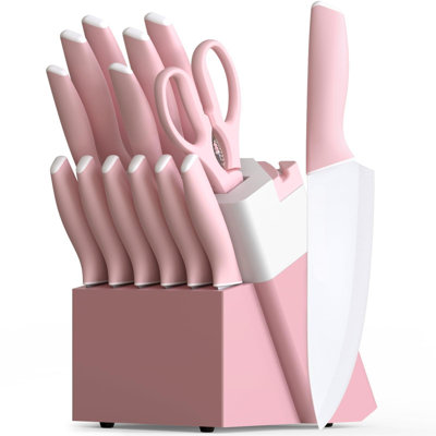 Knife Set, Kitchen Knives Set With Block And Sharpener Ceramic Coating 15 Pcs German Stainless Steel Knives Sharp Blade Dishwasher Safe Knife Block Se