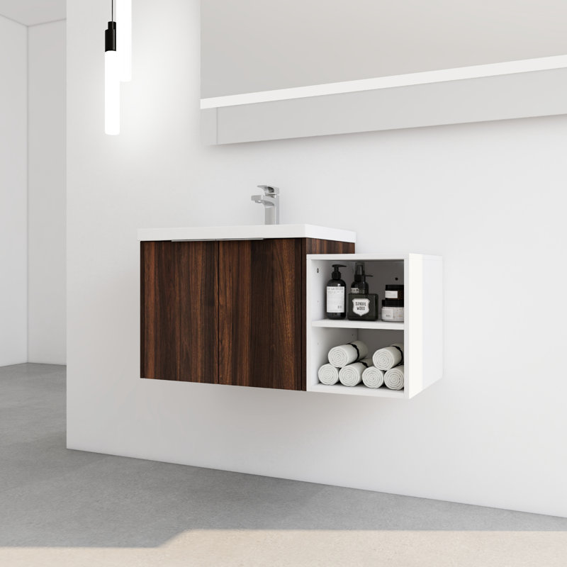 Comptoir de salle de bain mural 36 po avec lavabo, fermeture en douceur, tiroir en noyer, Brown