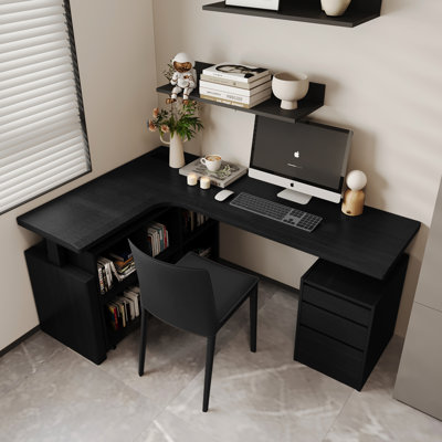 Bureau en L à hauteur réglable électrique en L à deux moteurs de style italien, disponible en finition chêne fumé ou chêne foncé, équipé d'une bibliothèque mobile