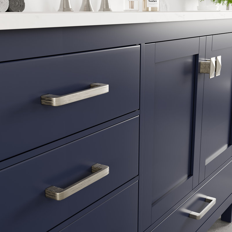 Meuble-lavabo double bleu l 84 po x P 22 po avec comptoir en quartz de Carrare blanc et lavabos en porcelaine encastrable Minnich