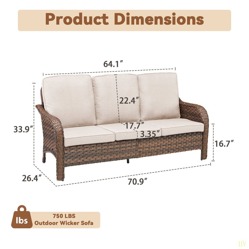 70.9" PE Wicker Rattan Outdoor Furniture Set, 3 Seat Sofa With  Deep Seat Cushions, Beige