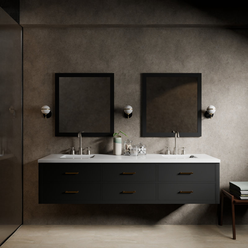 80" Wall-Mounted Double Bathroom Vanity Set, Black, White Cultured Marble