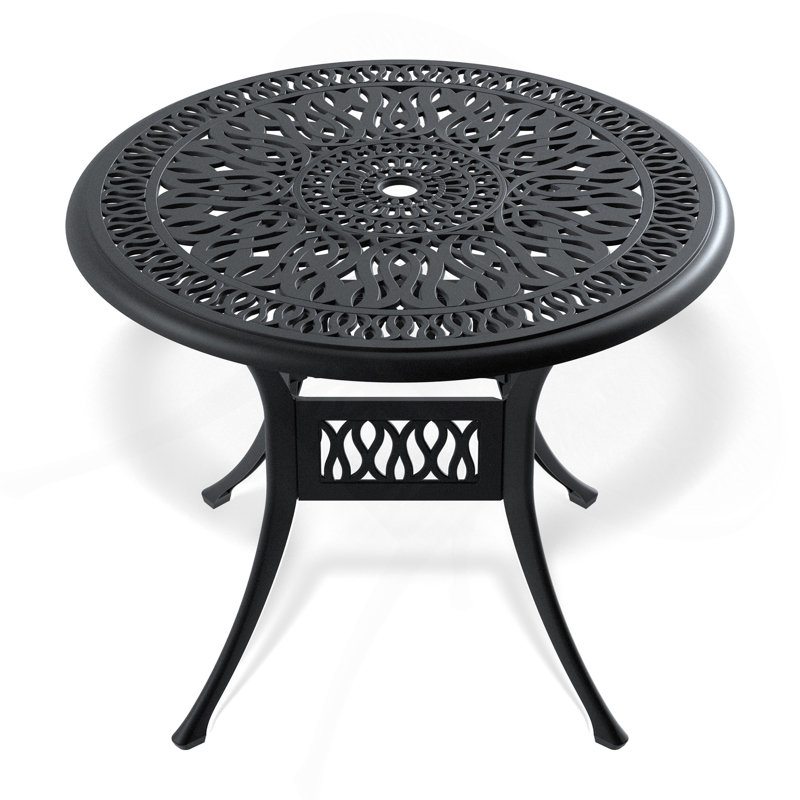 Table de salle à manger de patio en aluminium coulé 35,43 pouces avec structure noire et trou pour parasol