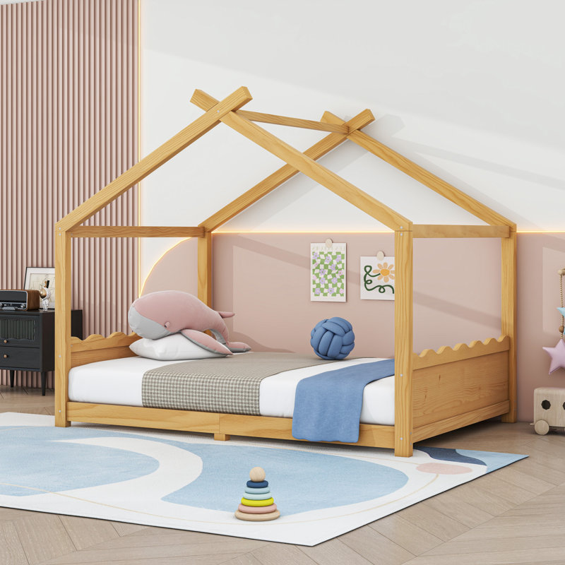 Wood House Floor Bed With Slats, Natural, Full