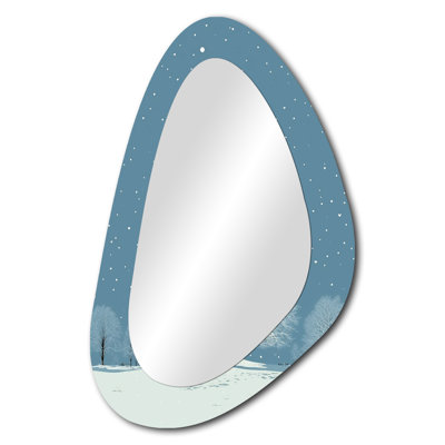 Singly White Snow Tree In Winter Park - Oak Asymmetrical Wall Mirror, White Irregular Shape Decorative Mirror, Printed Metal Art