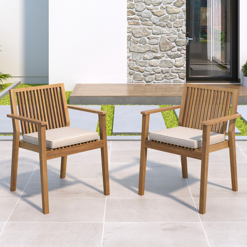 Ensemble de chaises de salle à manger d'extérieur 2 pièces - Chaises de patio robustes en bois d'acacia avec coussins imperméables