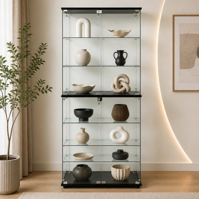 Vitrine à 6 tablettes en verre trempé avec portes doubles verrouillables, bibliothèque autoportante en verre pour le salon, la chambre à coucher et le bureau, 71,85 po x 31,69 po x 14,37 po, noir
