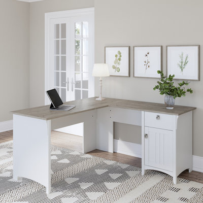 60W L Shaped Desk with Storage in Pure White and Shiplap Gray