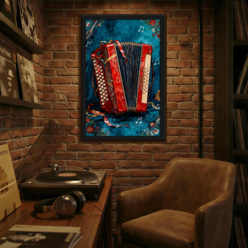 Accordéon de Noël rouge avec notes de musique et fleurs, H 30 po x l 20 po