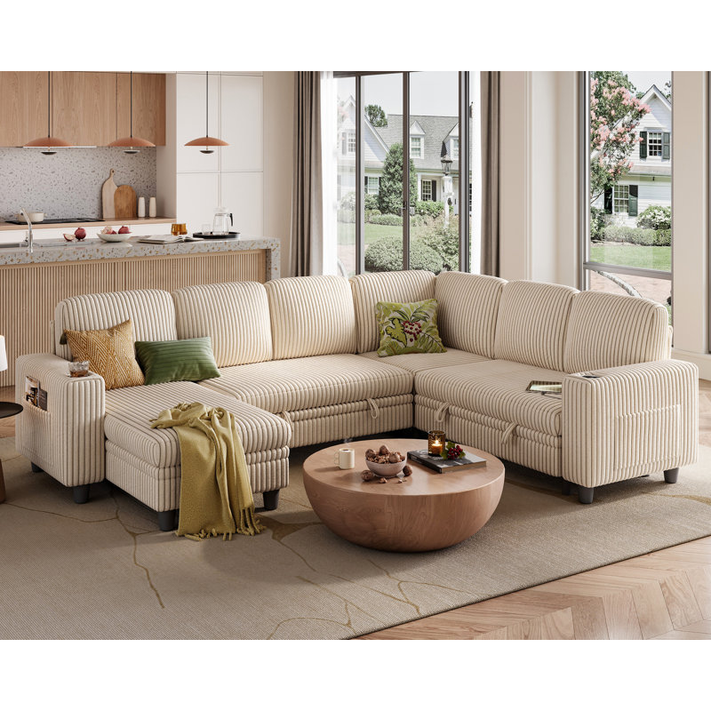 Sherry 106" Convertible Plush Corduroy Sleeper Sectional With Storage Chaise & USB Charging, Effie Beige Corduroy