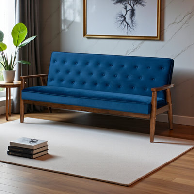 Buster 3-Seater Sofa in Navy Blue Upholstery & Walnut Finished Wood, 33.09" H X 71.02" W X 29.42" D