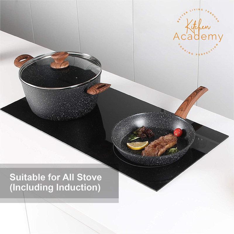 Granite Black 12-Piece Nonstick Induction Cookware Set with Wood Handles