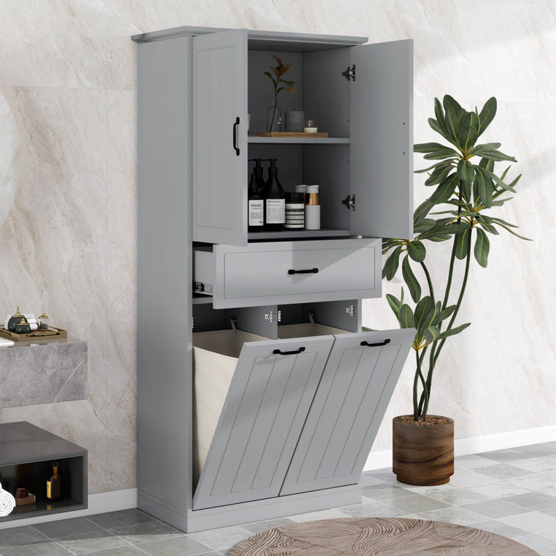 Tall Bathroom Storage Cabinet With Doors And Drawer, Storage Cabinet With Two Removable Laundry Basket, Adjustable Shelf