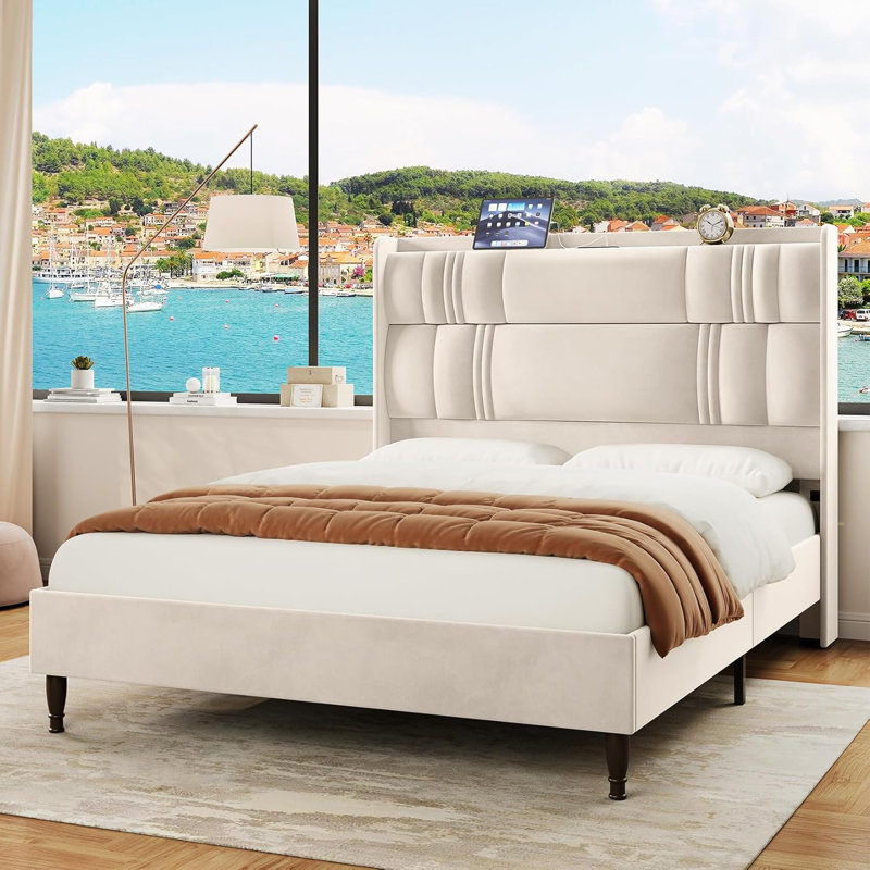 Velvet Upholstered Headboard Bed Frame with USB Charging Ports, White, Queen