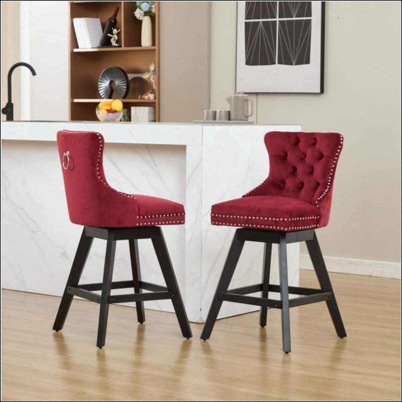 Tabourets de bar pivotants en velours avec décoration capitonnée à boutons et pieds en bois, garniture cloutée, chaises de bar de style loisir, tabourets de bar, ensemble de 2