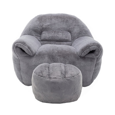 Fauteuil à billes, fauteuil à billes confortable avec dossier, avec repose-pieds, fauteuil à billes en fausse fourrure pour adultes et enfants, canapé à plancher rembourré pour salon, chambre à coucher, appartement, gris