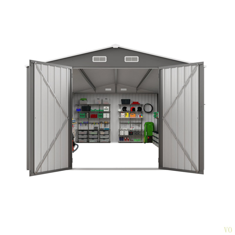 Remise de rangement extérieure en métal de 10 pi x 14 pi, abri de jardin durable avec trois portes verrouillables et une fenêtre transparente pour la cour, le patio, le jardin, l'abri toutes saisons pour les vélos, les outils de jardinage, les tondeuses à gazon
