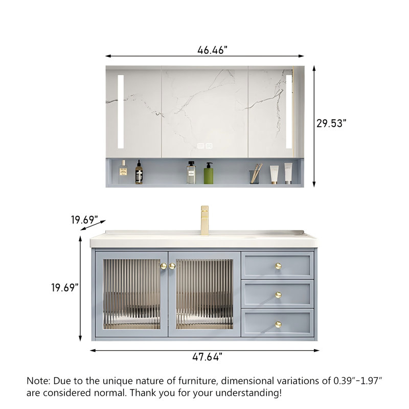 Meuble-lavabo moderne en bois d'hévéa bleu marine avec lavabo en céramique intégré et armoire à pharmacie intelligente