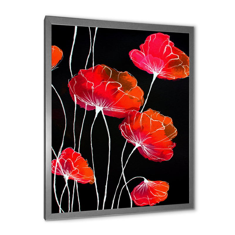 Abstrait fleur rouge, détail sur fond noir II - Impression sur toile, H 40 po x l 30 po x 1,5 po, Encadrement argenté