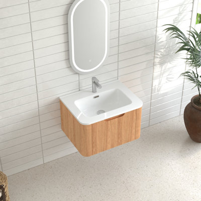 Meuble-lavabo flottant mural en céramique blanc de 24 po, pré-assemblé, noyer naturel, bords arrondis, tiroir de salle de bain intelligent à fermeture en douceur