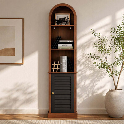 Grande bibliothèque d'angle étroite en noyer brun avec porte à volets, vitrine de coin en bois autoportante pour petits espaces, salon, chambre à coucher