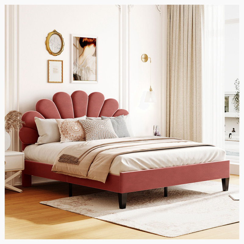 Charming Velvet Upholstered Platform Bed With Artistic Headboard For Cozy Sleep, Bean Paste Red, Queen