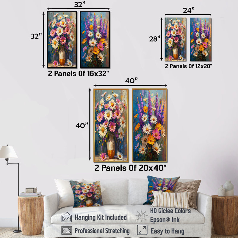 «Daisy Still Life Garden Collage I - Daisies», ensemble d'art mural 2 pièces, H 28 po x l 24 po, Impression encadrée, Blanc