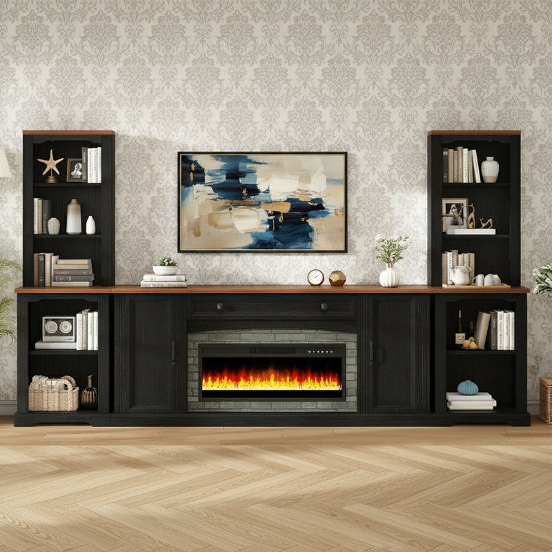 Meuble audio-vidéo 3 pièces avec foyer électrique, rangement et tablettes, Noir, Oui