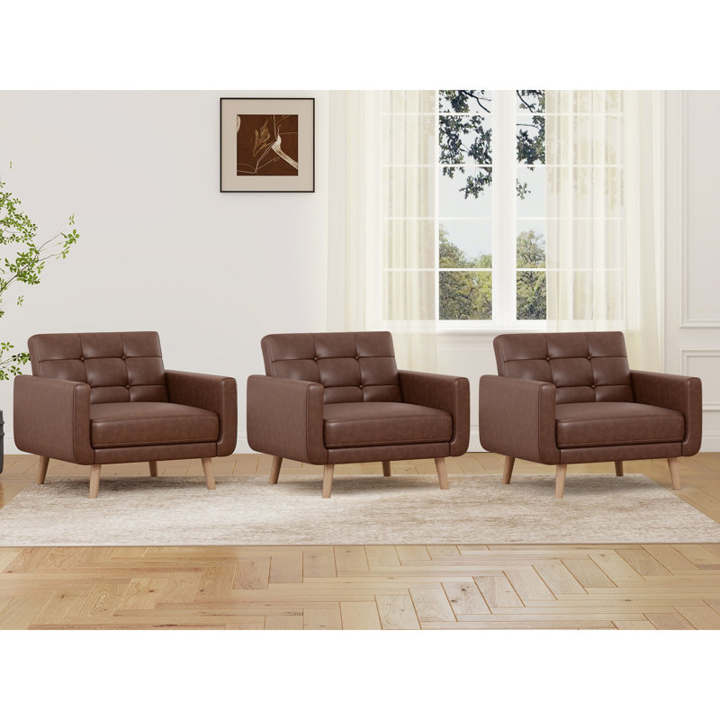36.61" Wide Upholstered Faux Leather Accent Chair With Tufted Seat (Set of 3 ), Brown