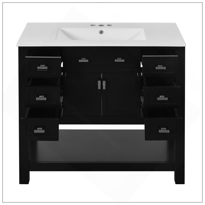 Meuble-lavabo 36 po avec lavabo supérieur, armoire de rangement moderne avec 2 portes à fermeture douce et 6 tiroirs, meuble-lavabo simple