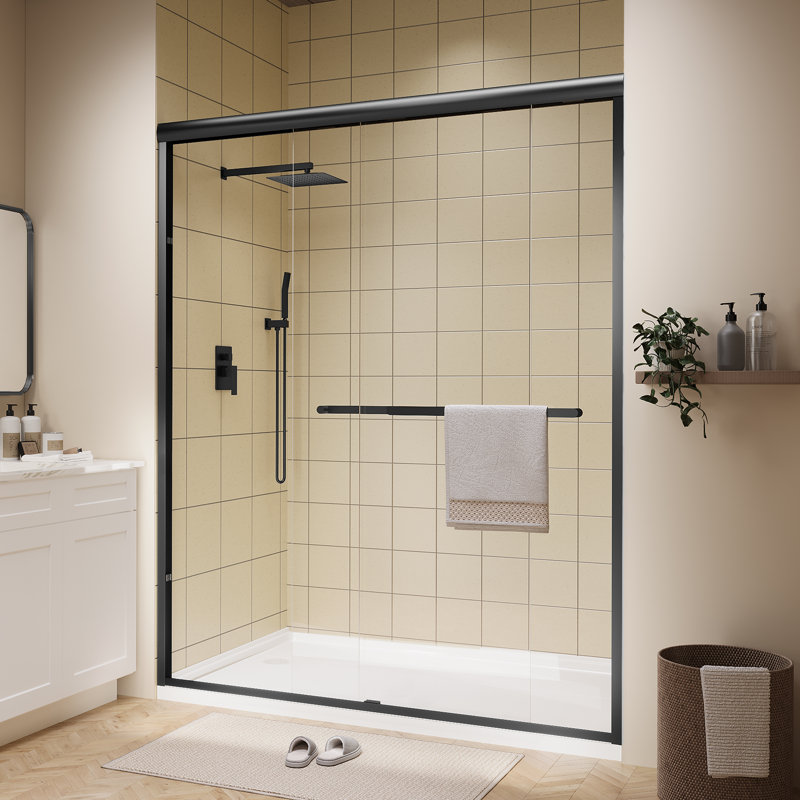 Porte de douche coulissante double encadrée de 56 à 60 po x H 72 po en noir mat avec verre trempé transparent, poignées doubles