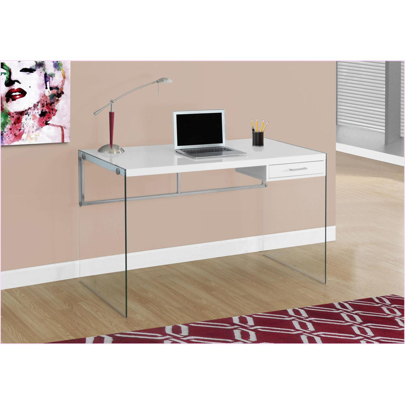 Bureaux: Bureau d'ordinateur moderne de 48 po avec tiroir de rangement, stratifié blanc brillant et verre trempé transparent | Blanc | Panneau de particules