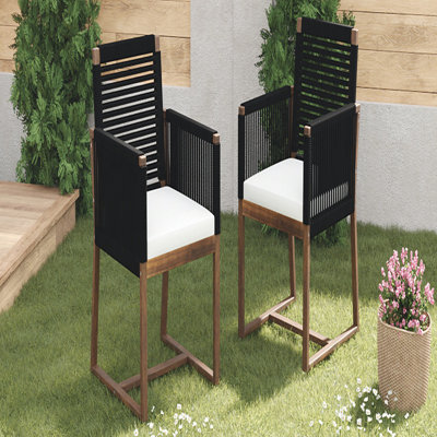 Ensemble de 2 chaises de salle à manger d'extérieur, fauteuil de patio en bois d'acacia avec dossier et accoudoirs en corde et coussin lavable, pour cour, piscine