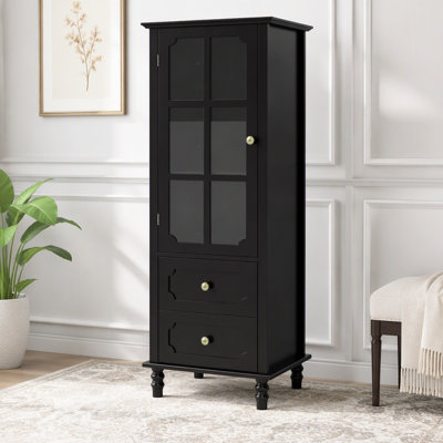 Grande armoire de rangement noire avec porte en verre et tiroirs