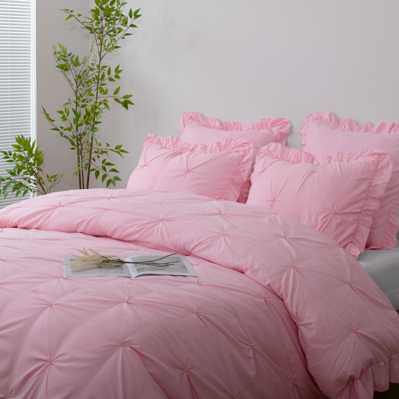 Ensemble d'édredon 5 pièces princesse romantique Pintuck, Rose, Édredon pour lit grand + quatre taies décorative