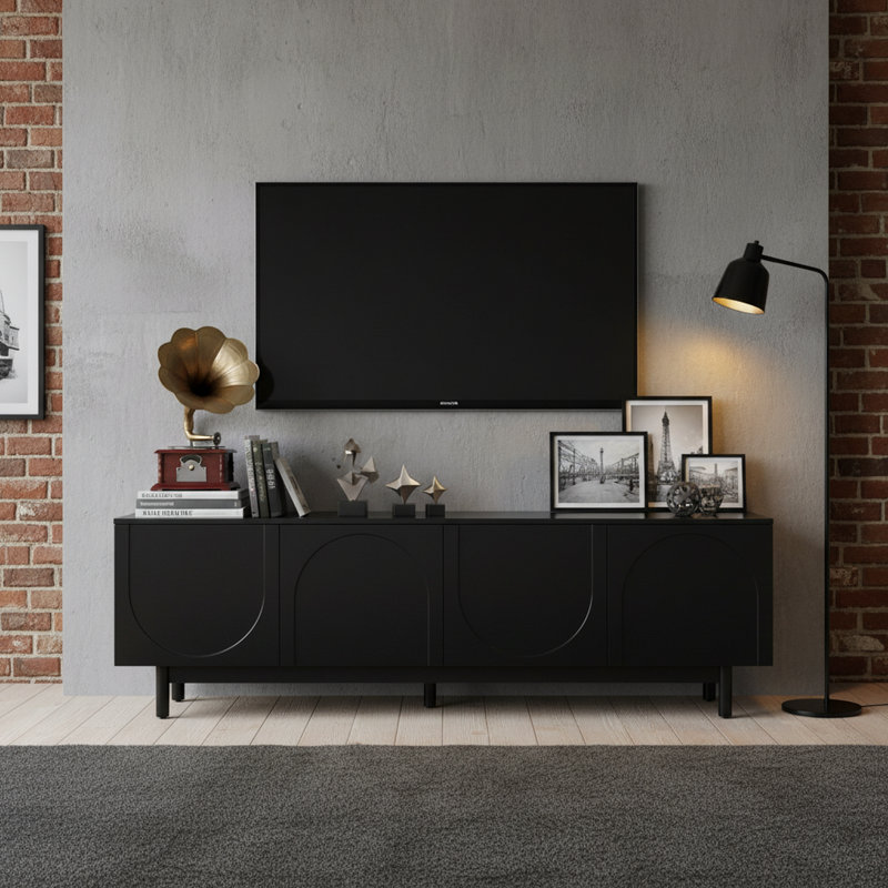 Console multimédia Grace-Arch avec portes réglables et pieds en bois massif, pour téléviseur de 78 po ou moins - noir, Noir