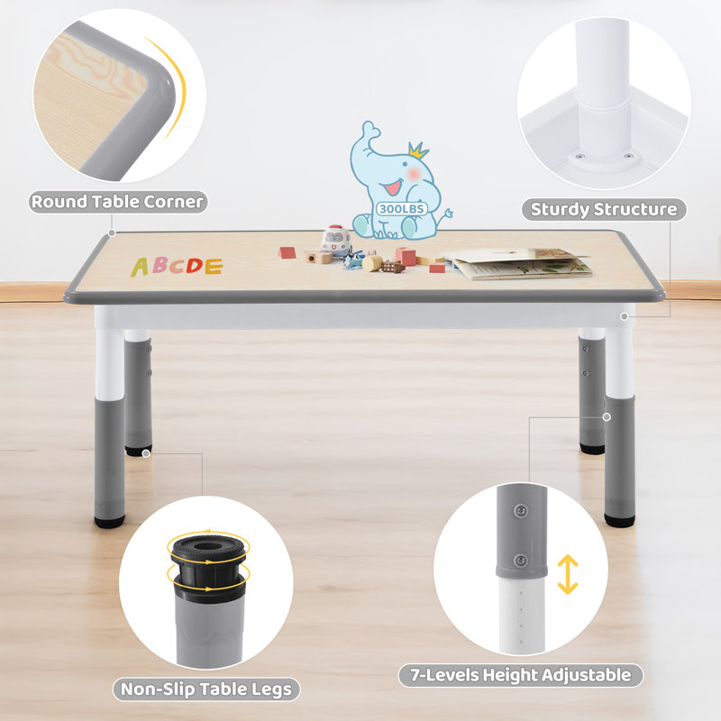 Adjustable Kids Table, Arts and Crafts Child Table with Graffiti Desktop, 7 Level Height Adjustable Children Table for Ages 3-8, Easy to Wipe Toddler Desk for Classrooms/Daycares/Homes,Natural,Grey